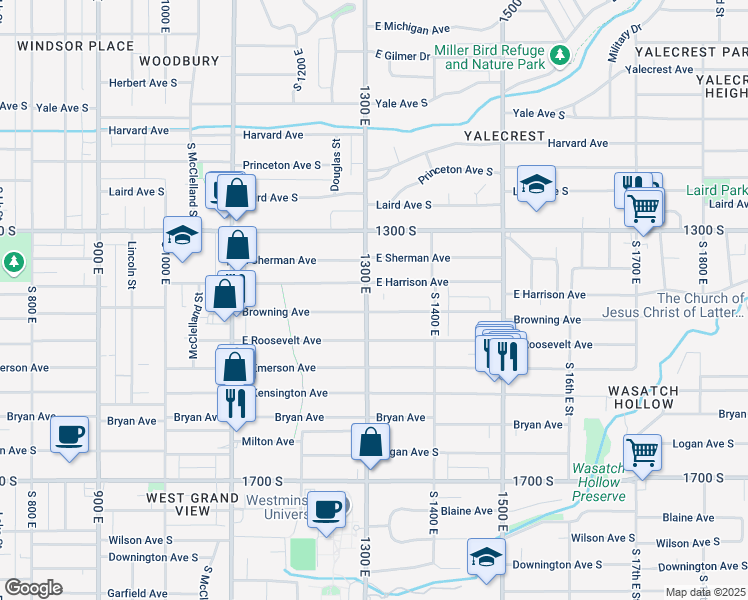 map of restaurants, bars, coffee shops, grocery stores, and more near 1397 South 1300 East in Salt Lake City
