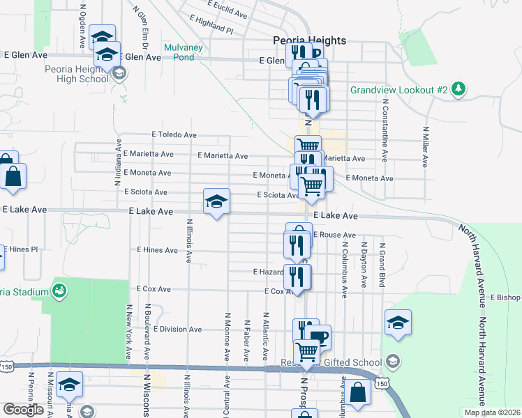 map of restaurants, bars, coffee shops, grocery stores, and more near 1115 East Lake Avenue in Peoria Heights
