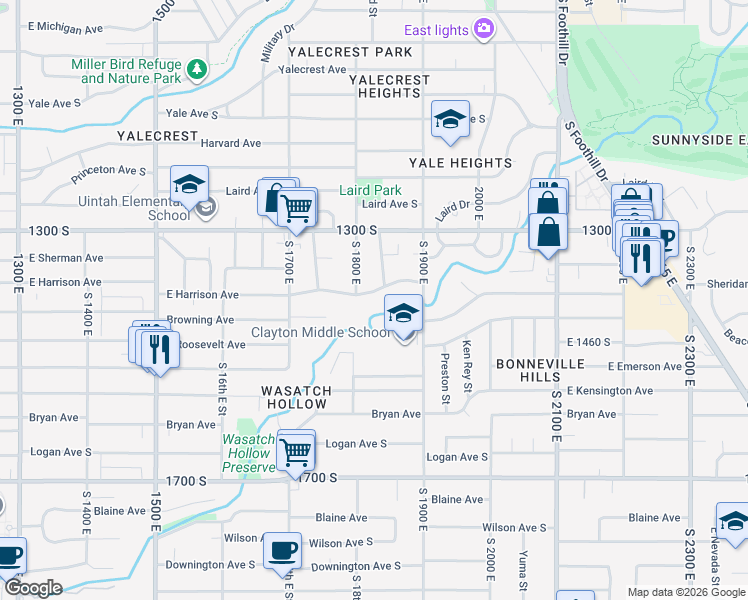 map of restaurants, bars, coffee shops, grocery stores, and more near 1820 East Harrison Avenue in Salt Lake City