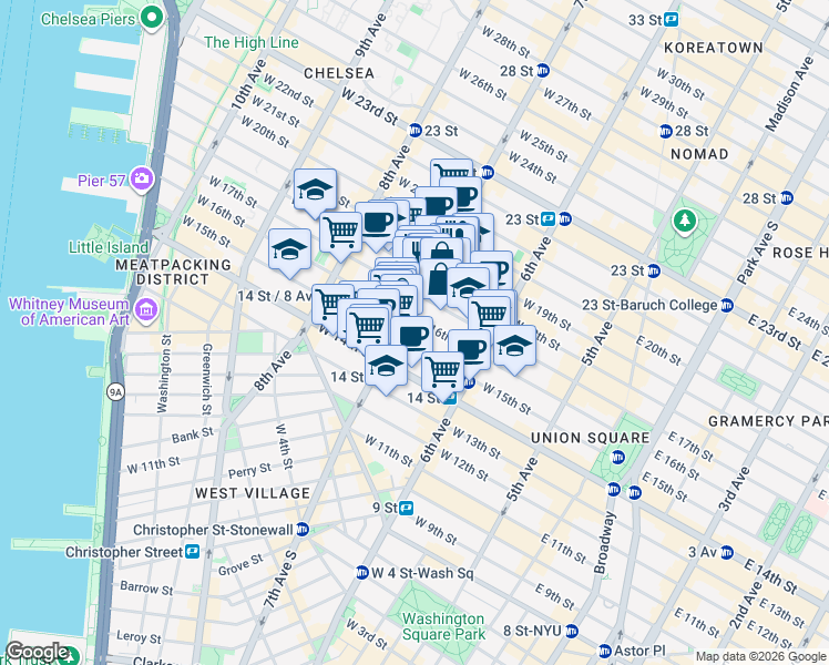 map of restaurants, bars, coffee shops, grocery stores, and more near 91 7th Avenue in New York