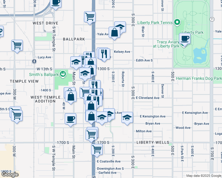 map of restaurants, bars, coffee shops, grocery stores, and more near 1396 South 200 East in Salt Lake City
