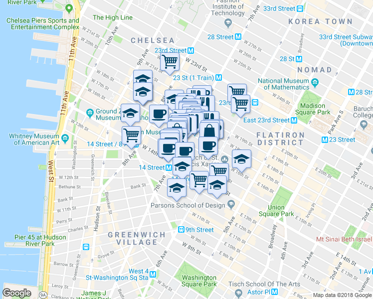 map of restaurants, bars, coffee shops, grocery stores, and more near 91 7th Avenue in New York