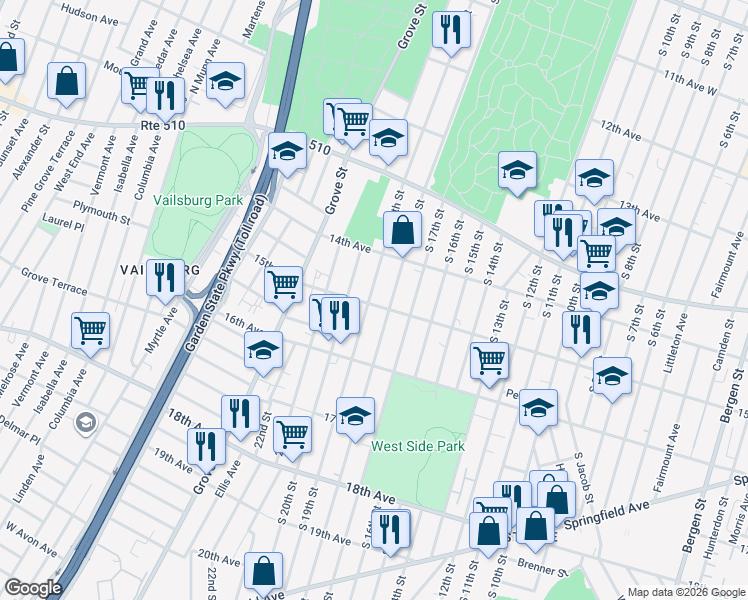 map of restaurants, bars, coffee shops, grocery stores, and more near 492 South 19th Street in Newark