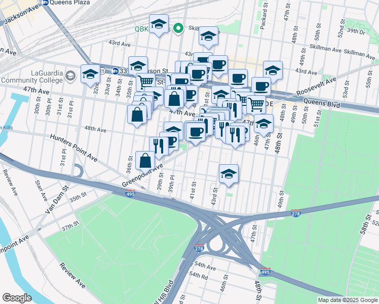 map of restaurants, bars, coffee shops, grocery stores, and more near 40-15 48th Avenue in Queens