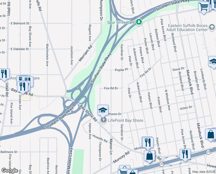 map of restaurants, bars, coffee shops, grocery stores, and more near 1421 Thompson Drive in Bay Shore