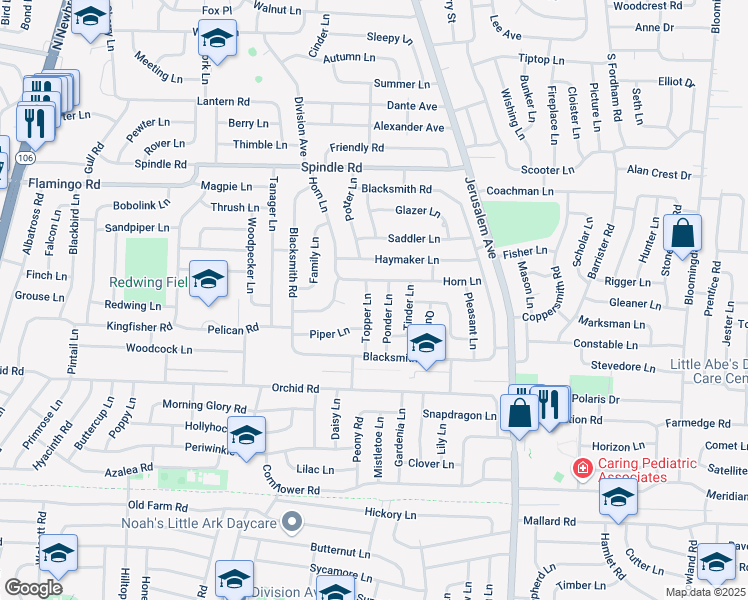map of restaurants, bars, coffee shops, grocery stores, and more near 2 Ponder Lane in Levittown