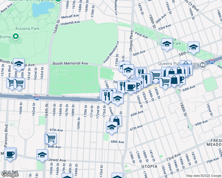 map of restaurants, bars, coffee shops, grocery stores, and more near 59-06 175th Street in Queens