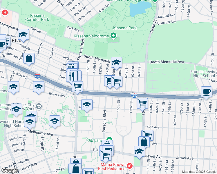 map of restaurants, bars, coffee shops, grocery stores, and more near 59-20 Parsons Boulevard in Queens