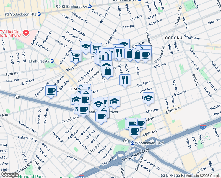map of restaurants, bars, coffee shops, grocery stores, and more near 90-18 50th Avenue in Queens