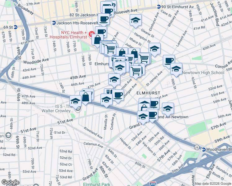 map of restaurants, bars, coffee shops, grocery stores, and more near 8055 Cornish Avenue in Queens