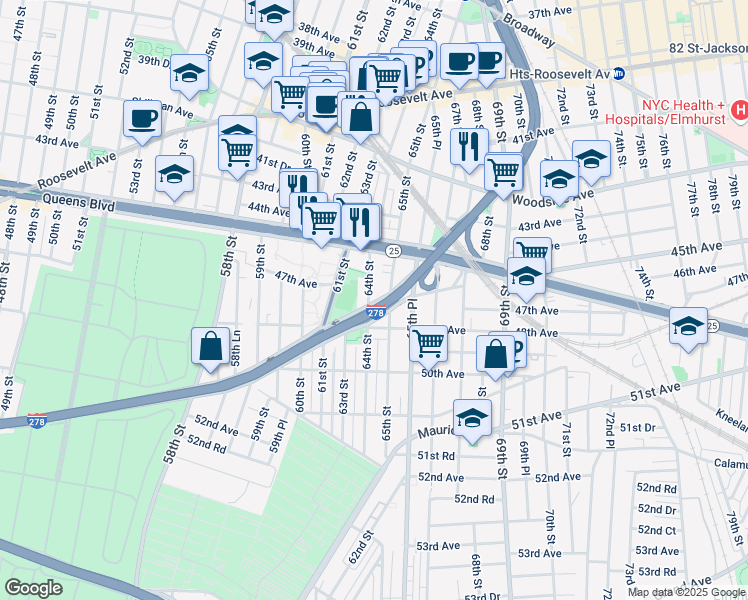map of restaurants, bars, coffee shops, grocery stores, and more near 44-34 64th Street in Queens