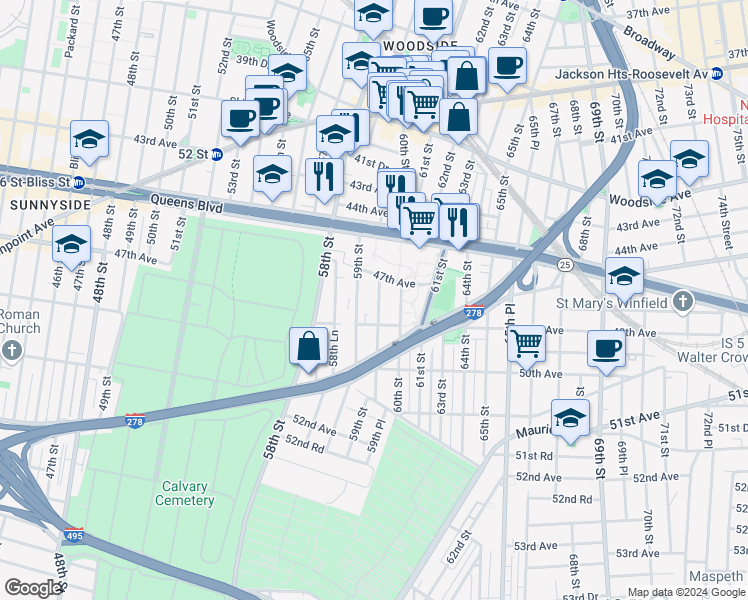 map of restaurants, bars, coffee shops, grocery stores, and more near 47-03 59th Place in Queens