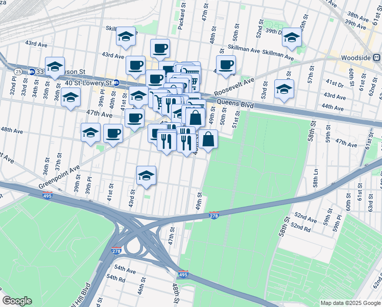 map of restaurants, bars, coffee shops, grocery stores, and more near 47-42 47th Street in Queens