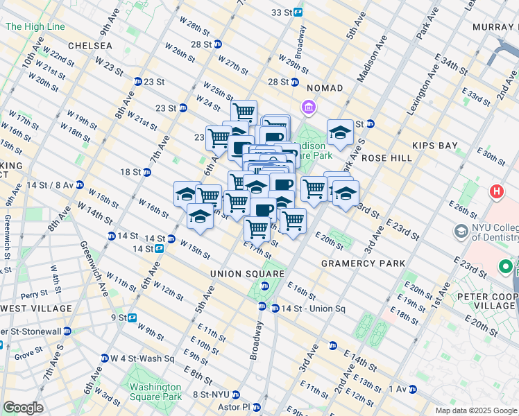 map of restaurants, bars, coffee shops, grocery stores, and more near 135 5th Avenue in New York