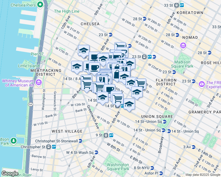 map of restaurants, bars, coffee shops, grocery stores, and more near 150 West 17th Street in New York