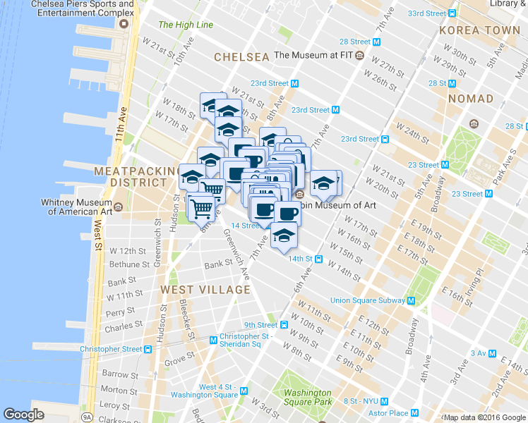 map of restaurants, bars, coffee shops, grocery stores, and more near 210 West 16th Street in New York