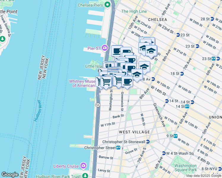map of restaurants, bars, coffee shops, grocery stores, and more near 832 Washington Street in New York