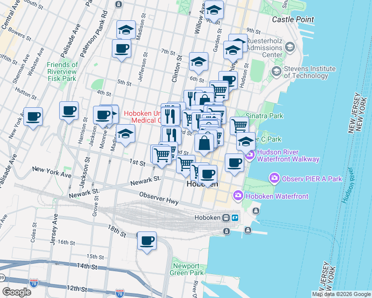 map of restaurants, bars, coffee shops, grocery stores, and more near 223 Park Avenue in Hoboken