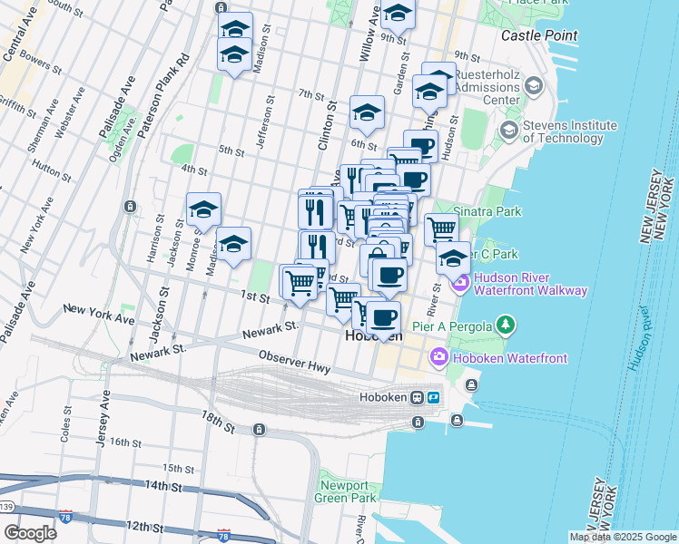 map of restaurants, bars, coffee shops, grocery stores, and more near 223 Park Avenue in Hoboken