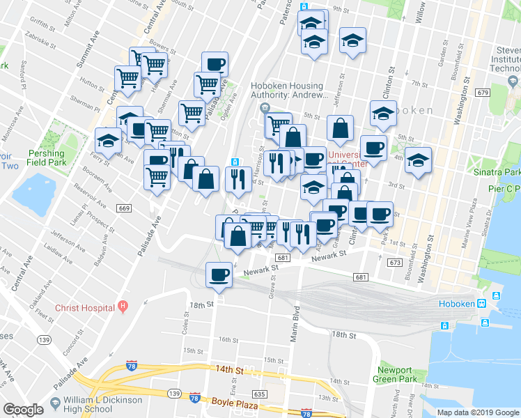map of restaurants, bars, coffee shops, grocery stores, and more near 117 Harrison Street in Hoboken