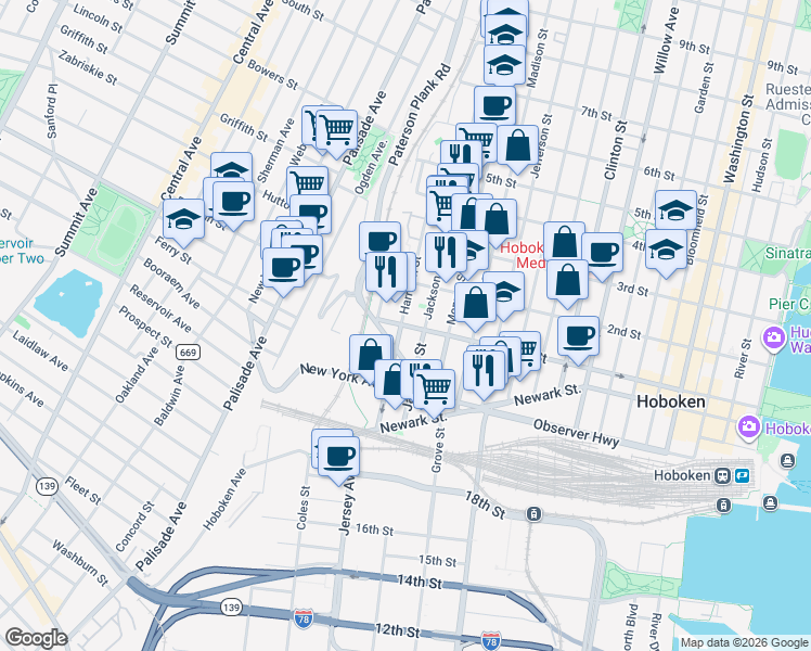 map of restaurants, bars, coffee shops, grocery stores, and more near 117 Harrison Street in Hoboken