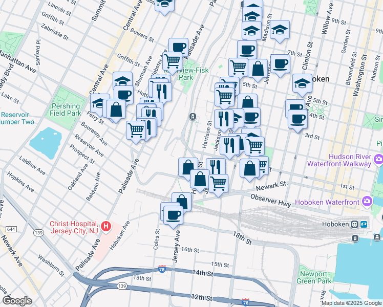 map of restaurants, bars, coffee shops, grocery stores, and more near 102 Marshall Street in Hoboken