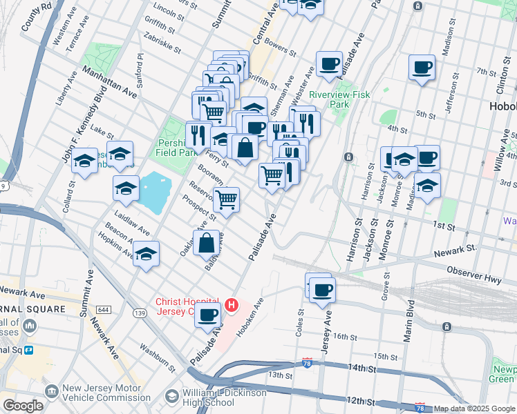map of restaurants, bars, coffee shops, grocery stores, and more near 31 Ravine Avenue in Jersey City