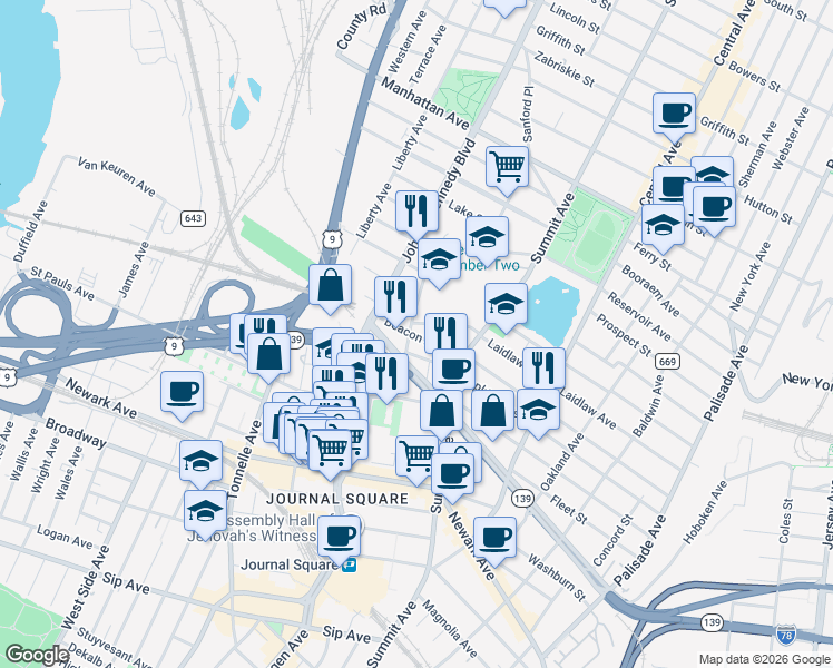 map of restaurants, bars, coffee shops, grocery stores, and more near 227 Laidlaw Avenue in Jersey City