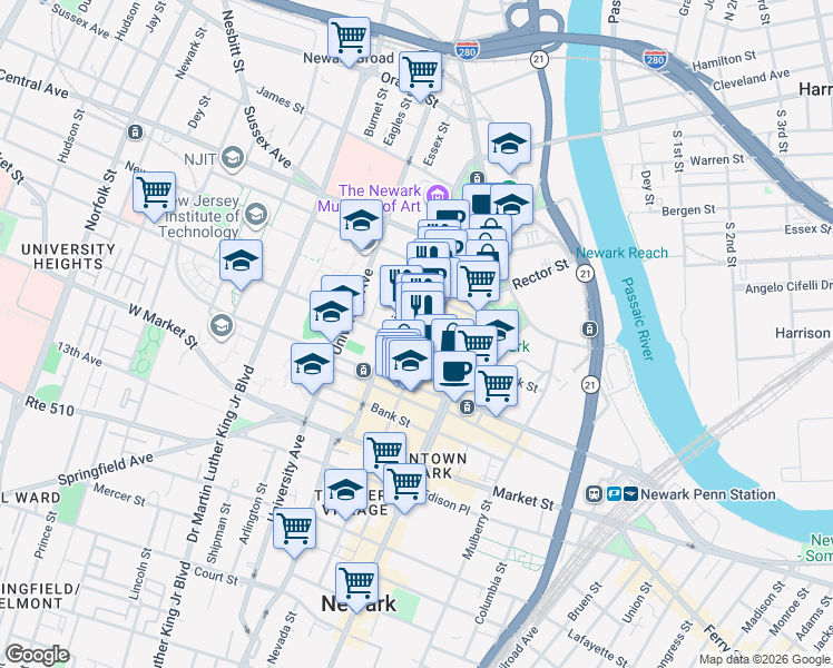 map of restaurants, bars, coffee shops, grocery stores, and more near 71 Halsey Street in Newark