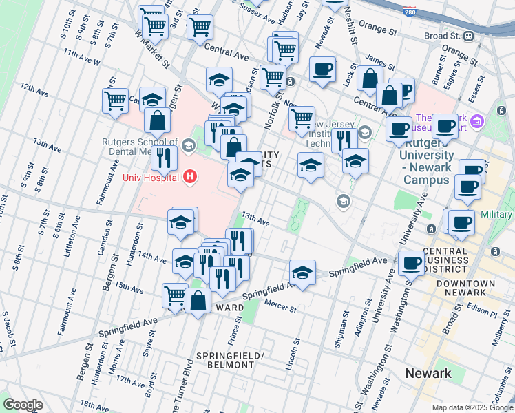 map of restaurants, bars, coffee shops, grocery stores, and more near 260 Norfolk Street in Newark