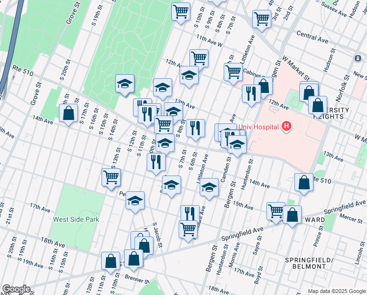 map of restaurants, bars, coffee shops, grocery stores, and more near 331 South Orange Avenue in Newark
