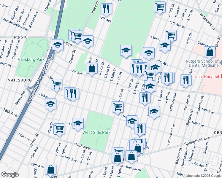 map of restaurants, bars, coffee shops, grocery stores, and more near 284 14th Avenue in Newark