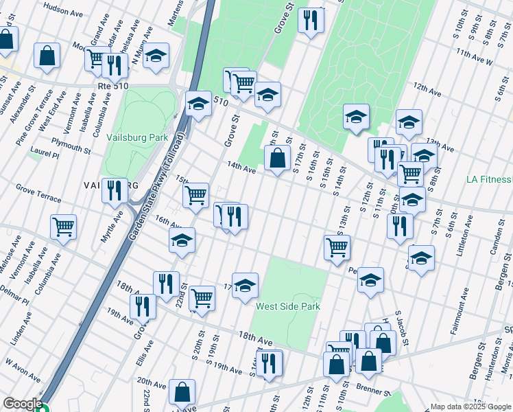 map of restaurants, bars, coffee shops, grocery stores, and more near 492 South 19th Street in Newark