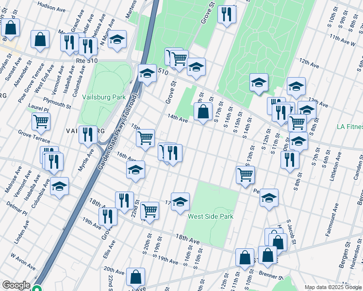 map of restaurants, bars, coffee shops, grocery stores, and more near 495 South 20th Street in Irvington