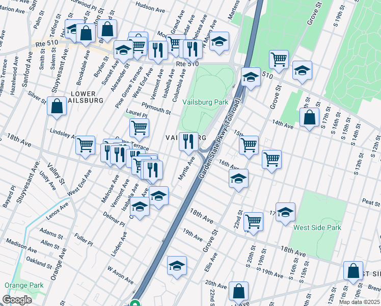 map of restaurants, bars, coffee shops, grocery stores, and more near 28 Vailsburg Terrace in Newark