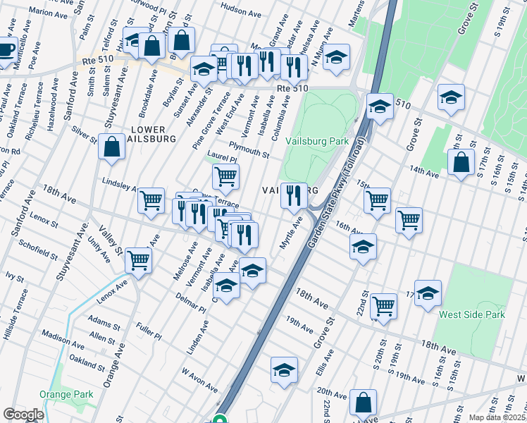 map of restaurants, bars, coffee shops, grocery stores, and more near 153 South Munn Avenue in Newark