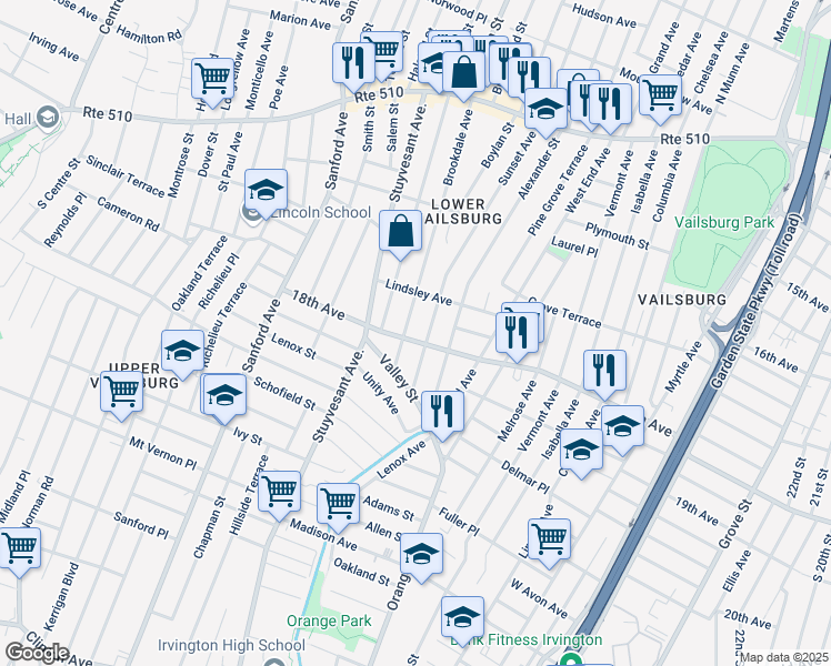 map of restaurants, bars, coffee shops, grocery stores, and more near 180 Brookdale Avenue in Newark
