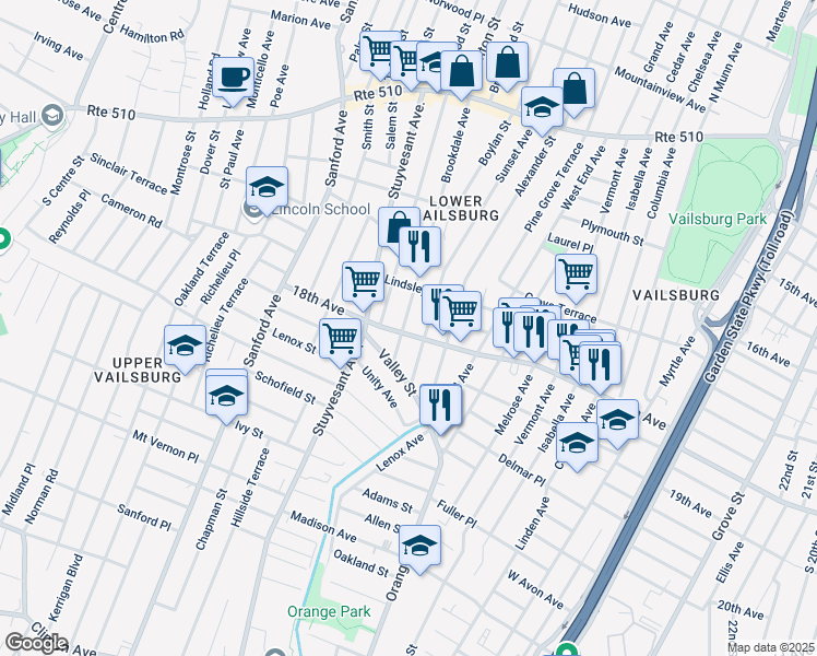 map of restaurants, bars, coffee shops, grocery stores, and more near 180 Brookdale Avenue in Newark