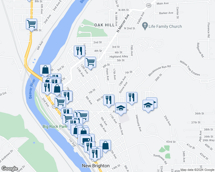 map of restaurants, bars, coffee shops, grocery stores, and more near 702 Penn Avenue in New Brighton