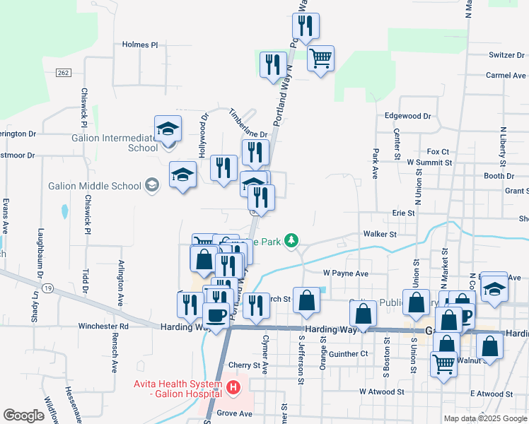 map of restaurants, bars, coffee shops, grocery stores, and more near 32 Cedargate Court in Galion