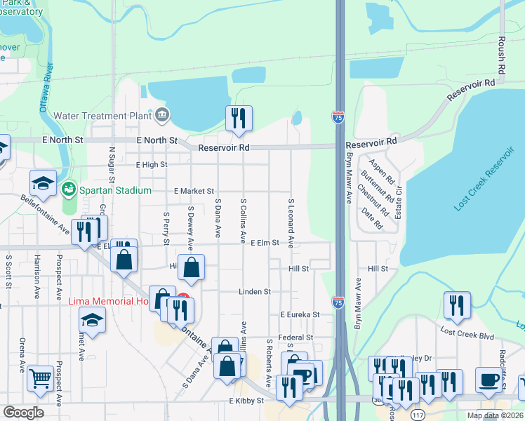 map of restaurants, bars, coffee shops, grocery stores, and more near 1504 East Market Street in Lima
