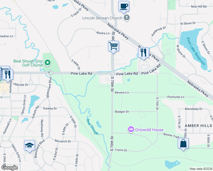 map of restaurants, bars, coffee shops, grocery stores, and more near 7111 South 70th Street in Lincoln