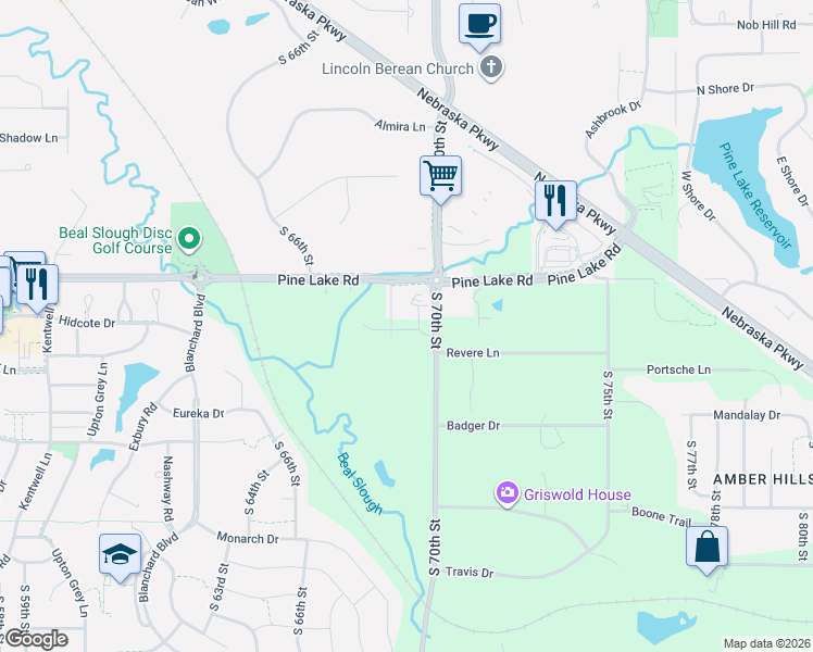 map of restaurants, bars, coffee shops, grocery stores, and more near 6909 Pine Lake Road in Lincoln
