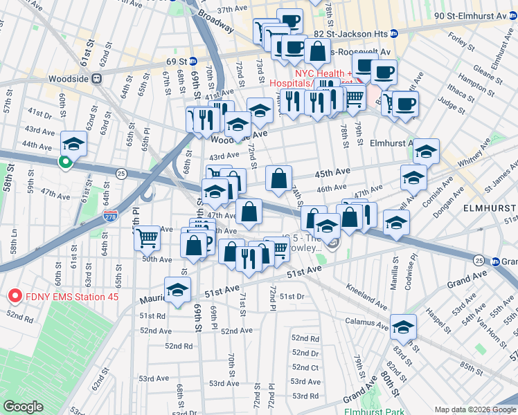 map of restaurants, bars, coffee shops, grocery stores, and more near Queens Blvd & 72nd St in Queens