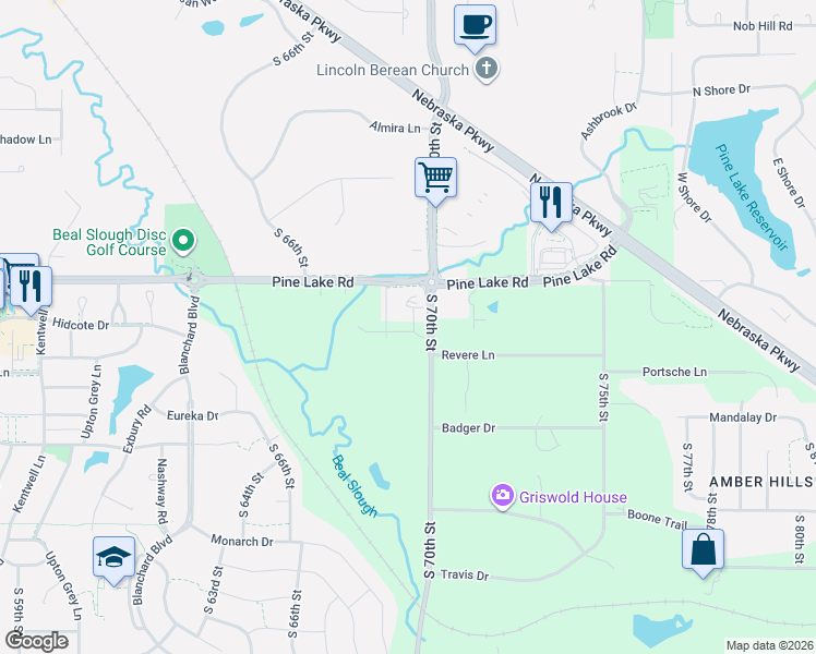 map of restaurants, bars, coffee shops, grocery stores, and more near 7111 South 70th Street in Lincoln