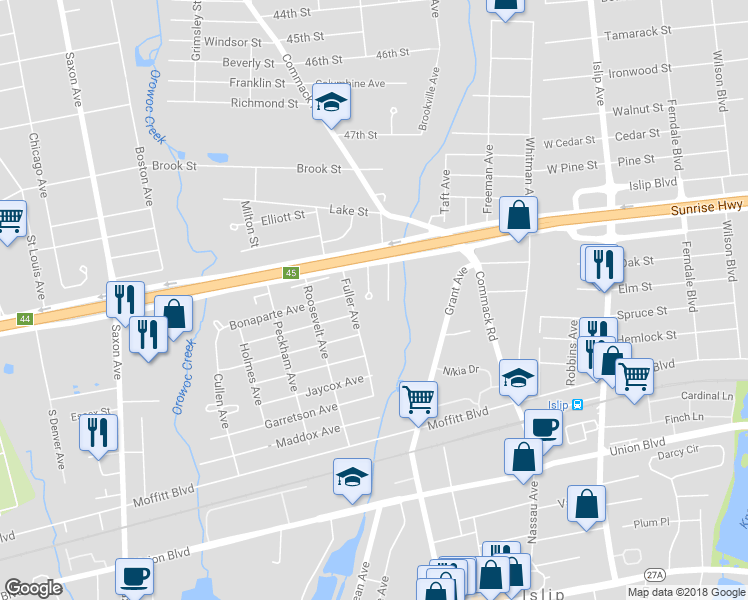 map of restaurants, bars, coffee shops, grocery stores, and more near 19 Jay Court in Islip