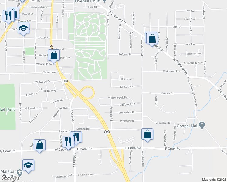 map of restaurants, bars, coffee shops, grocery stores, and more near 156 Kinkel Avenue in Mansfield