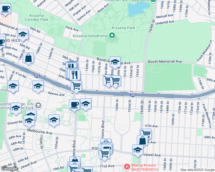 map of restaurants, bars, coffee shops, grocery stores, and more near 5939 Parsons Boulevard in Queens