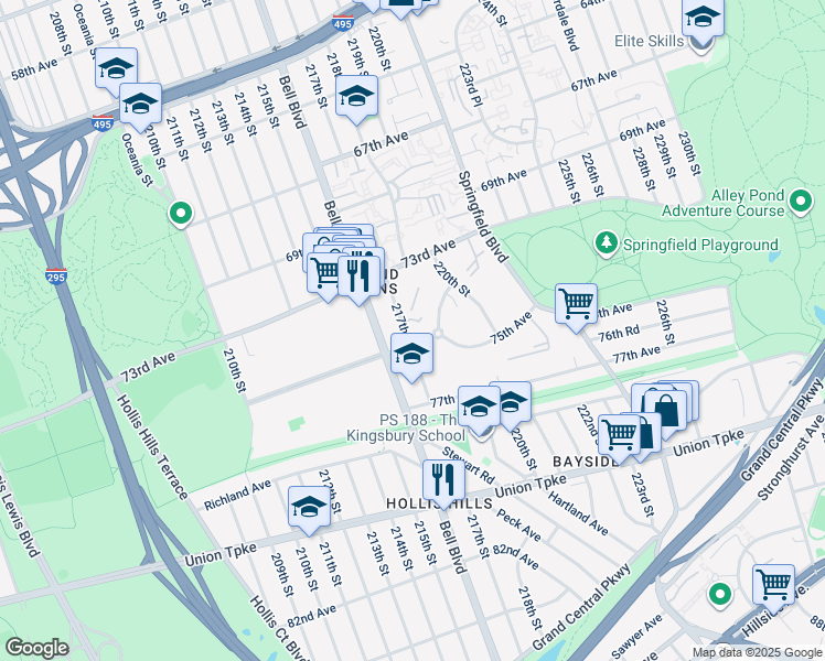map of restaurants, bars, coffee shops, grocery stores, and more near 73-43 217th Street in Queens