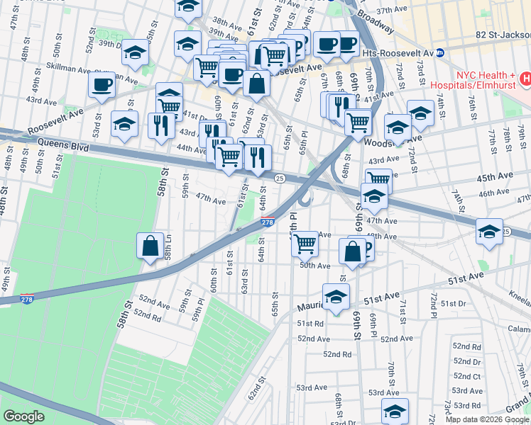 map of restaurants, bars, coffee shops, grocery stores, and more near 44-34 64th Street in Queens